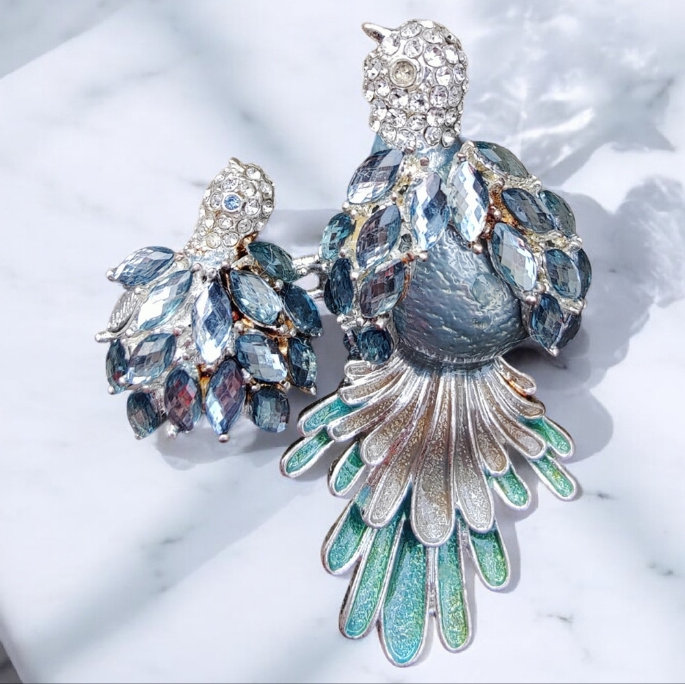 🐦Vintage Napier Blue & Clear Glass Stone Mama Bird And Baby Bird Brooch